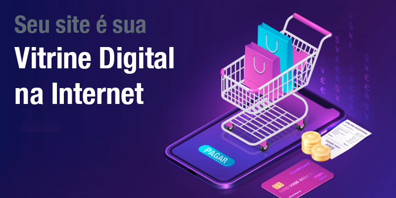 Imagem de carrinho de supermercado sobre desenho de um celular. Torne seu site a vitrine virtual de sua empresa