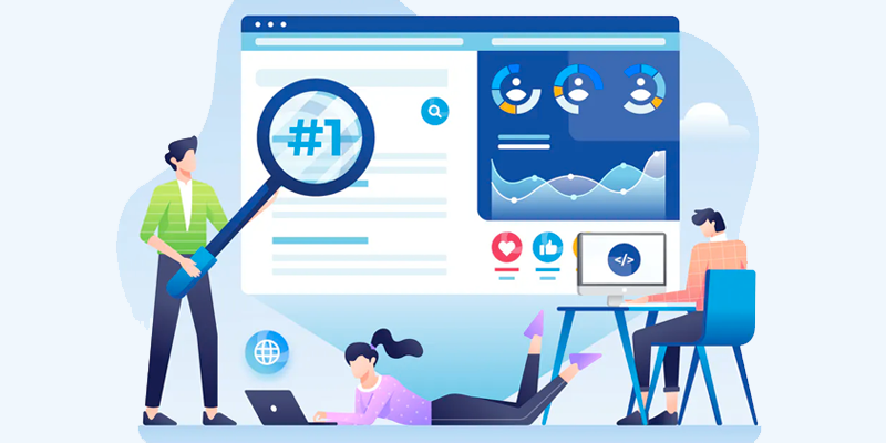 Criação de Site: Ilustração de pessoas fazendo análise de páginas web para construção de site profissional