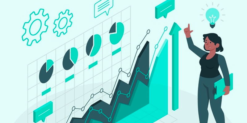 Ilustração de uma mulher analisando um gráfico (métricas)