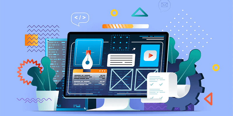 Criação de site: Ilustração de computador com um projeto de site desenhado na tela