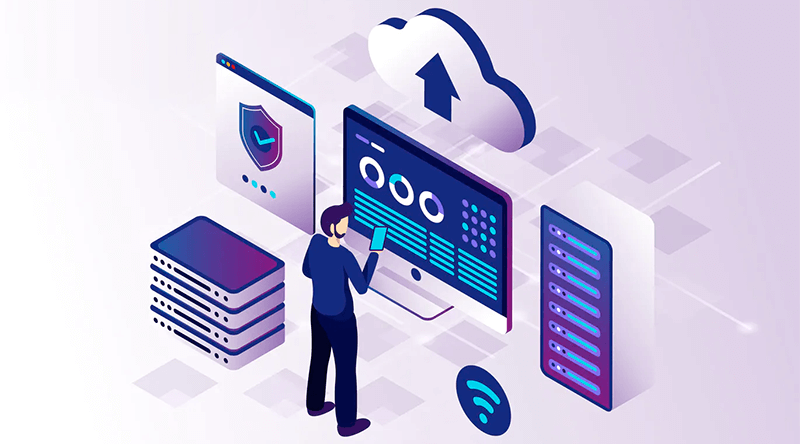 Criação de site: Ilustração de um homem analisando um servidor na hospedagem de site