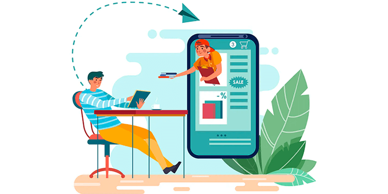 Ilustração de jovens acessando um site versão mobile