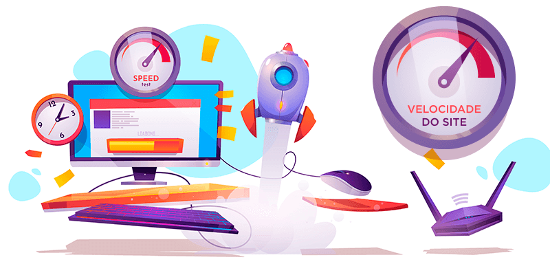 Ilustração de computador mostrando a velocidade do site com foguetes e velocímetros