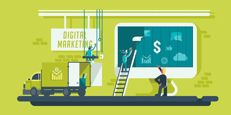 Ilustração de pessoas colando um outdoor sobre Marketing Digital