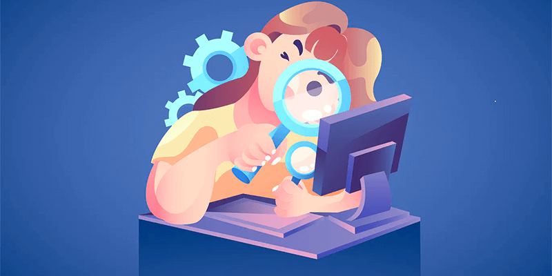 Ilustração de uma menina com uma lupa na mão fazendo alusão às buscas no Google