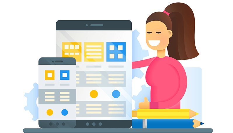 Ilustração de uma menina com blusa rosa aplicando Google Tag Manager em site