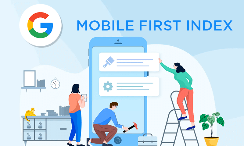Ilustração de pessoas fazendo Mobile First Index