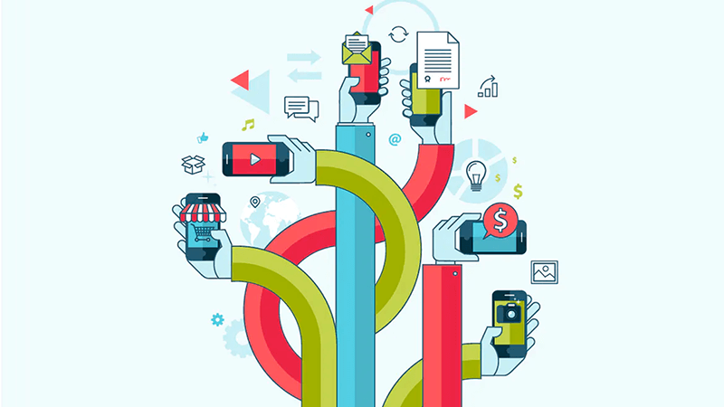 Ilustração de mãos segurando aparelhos celulares com páginas web dos mais diversos tipos