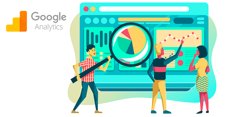 Ilustração de pessoas fazendo análise em uma página do site fazendo alusão ao Google Analytics