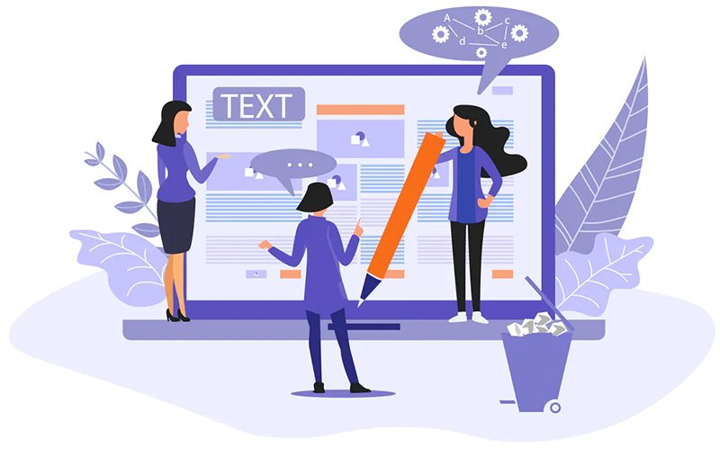 Ilustração de três mulheres escrevendo texto em uma tela de computador