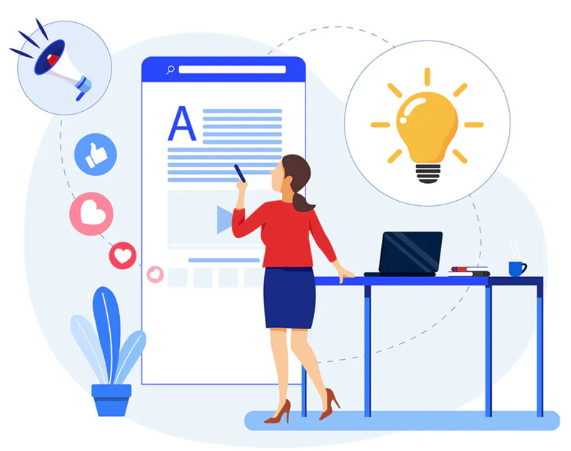 Ilustração de uma mulher escrevendo texto em um desenho de página mobile do website