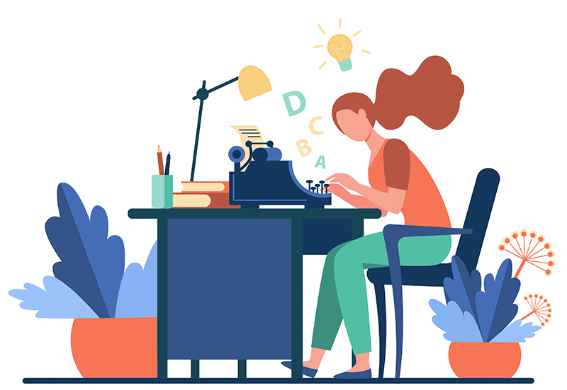 Ilustração de uma mulher escrevendo conteúdo longo para web em uma máquina Ilustração de uma mulher escrevendo conteúdo longo para web em uma máquina