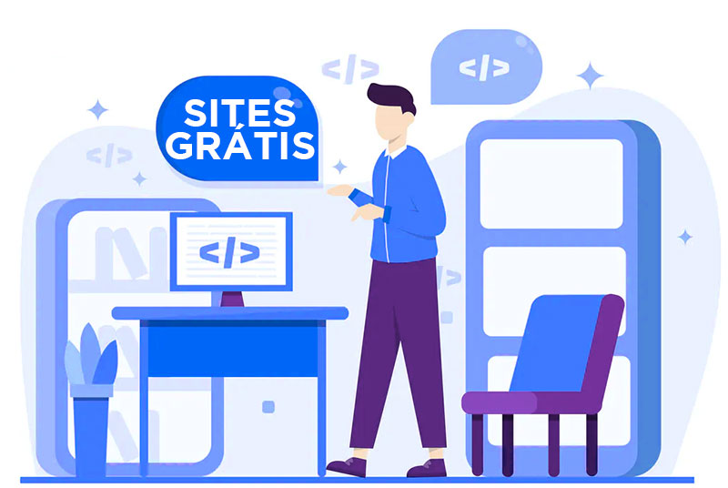 Ilustração de um homem divulgando site grátis