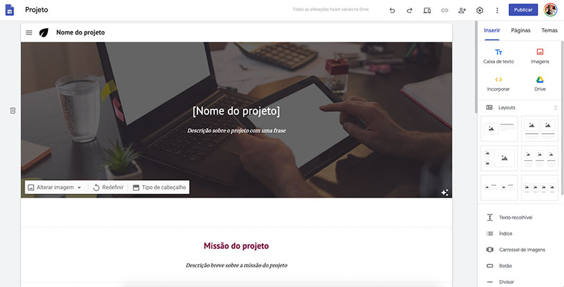 Imagem da home page do site Google Sites